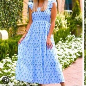 J. Marie smocked blue Eloise ruffle strap midi dress